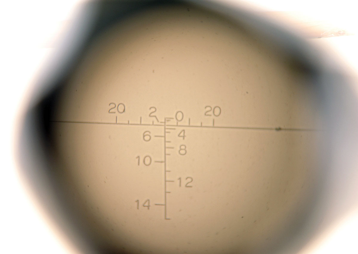 This photo of the reticle of the Japanese 2.5x scope shows the array of hash marks the shooter needed to memorize.